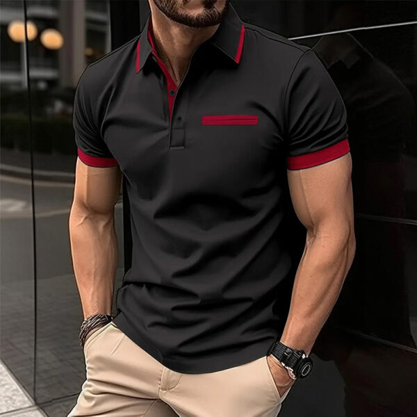 European And American Leisure Polo Shirt Chest Faux Pocket Lapel Button Business T-shirt Color Matching - Image 5