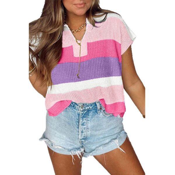 Women's U-collar Dopamine Contrast Color Casual Sweater With Short Sleeves - Image 2