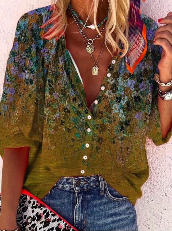 Popular Fashion Summer Women's Stand Up Collar Loose Button Retro Printed Casual Shirt - Image 5