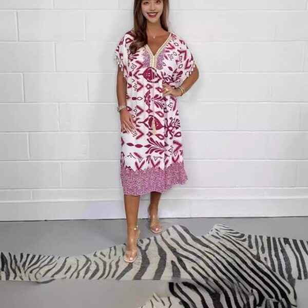 Fashion Printed V-neck Tassel Stitching Casual Dress - Image 5