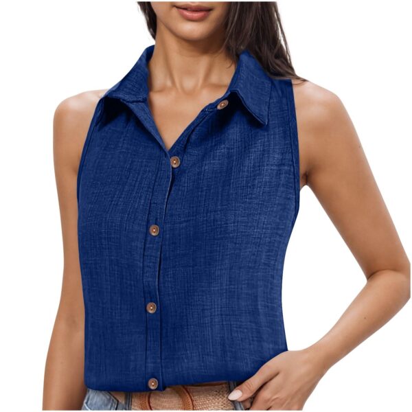 Lapel Cotton Linen Button Sleeveless Shirt Women's Clothing - Image 5