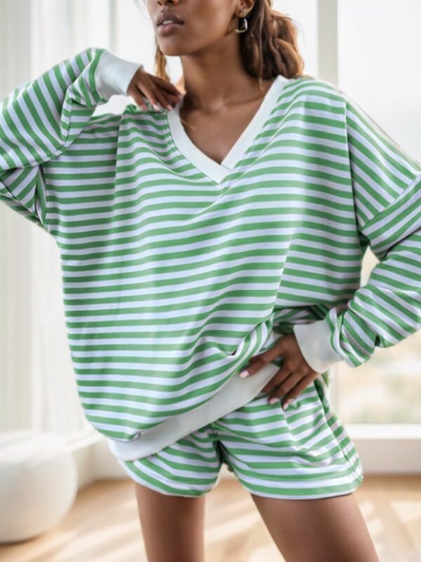 2pcs Red Striped Long Sleeve Top And Matching Lounge Pants Set For Women - Image 7