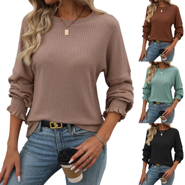 Loose Casual Sunken Stripe Long-sleeved T-shirt For Women - Image 3