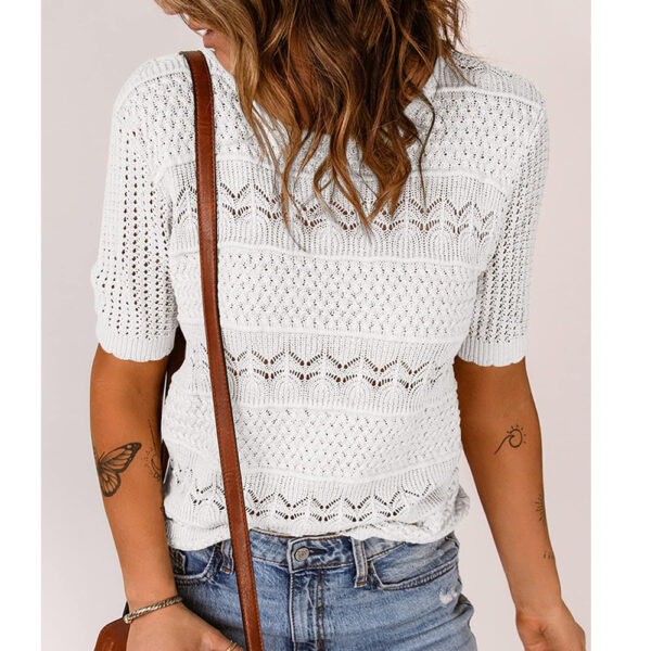Round Neck Hollow-out Short-sleeved Shirt Knitted Crocheted Sweater - Image 2