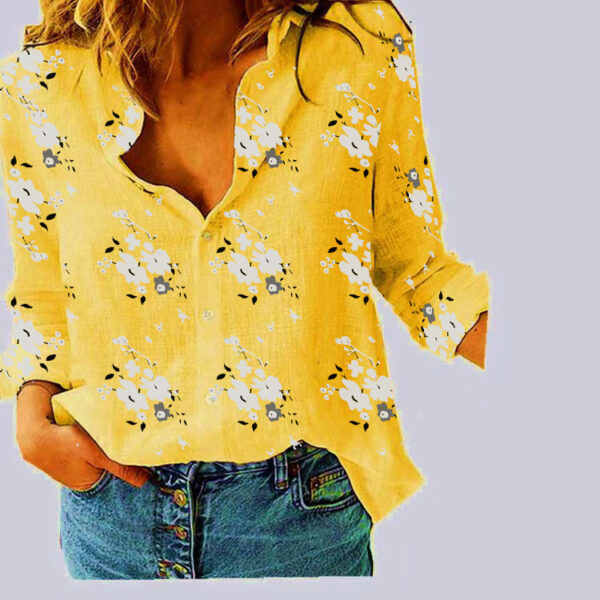 Spring And Autumn Print Casual Loose Long Sleeve Linen Shirt For Women - Image 2