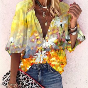 Popular Fashion Summer Women's Stand Up Collar Loose Button Retro Printed Casual Shirt
