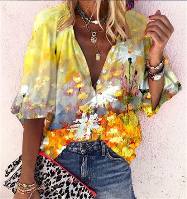 Popular Fashion Summer Women's Stand Up Collar Loose Button Retro Printed Casual Shirt