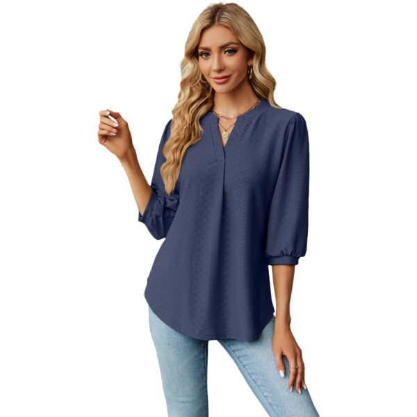 New Solid Color V-neck Jacquard Seven Quarter Sleeve Loose Pleated T-shirt Top For Women - Image 4