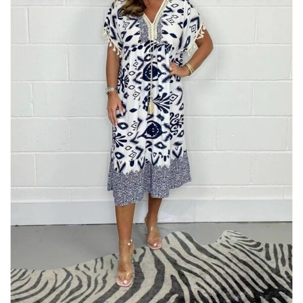 Fashion Printed V-neck Tassel Stitching Casual Dress - Image 8