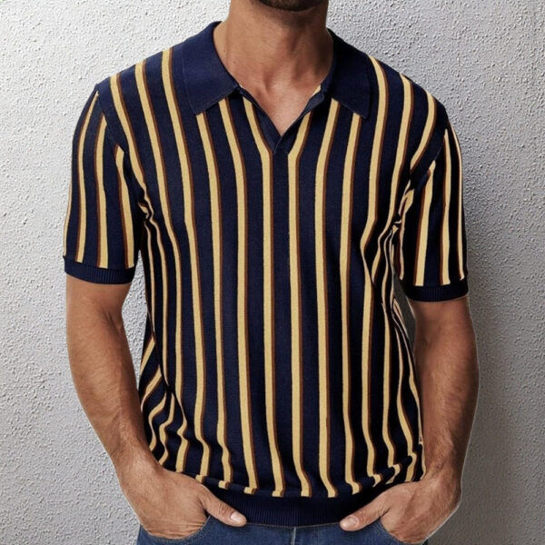 High Quality Summer Lapels Temperament Striped Knitted Polo Shirt - Image 3