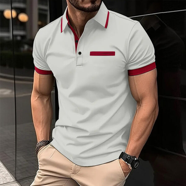 European And American Leisure Polo Shirt Chest Faux Pocket Lapel Button Business T-shirt Color Matching - Image 4