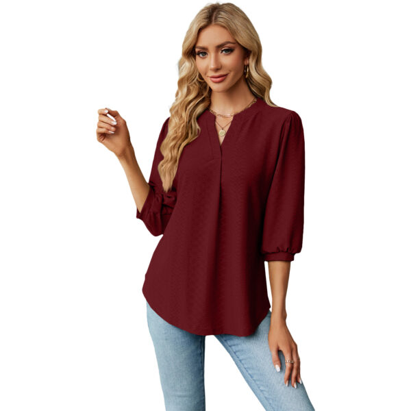 New Solid Color V-neck Jacquard Seven Quarter Sleeve Loose Pleated T-shirt Top For Women - Image 3