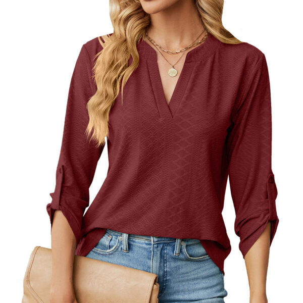 New Solid Color V-neck Three Quarter Sleeve Button Loose T-shirt Top For Women - Image 9