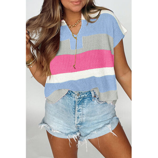 Women's U-collar Dopamine Contrast Color Casual Sweater With Short Sleeves - Image 5