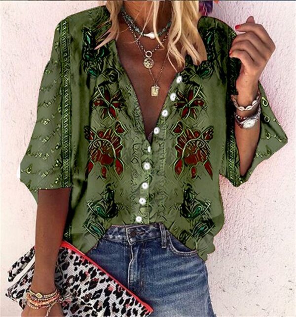 Popular Fashion Summer Women's Stand Up Collar Loose Button Retro Printed Casual Shirt - Image 2