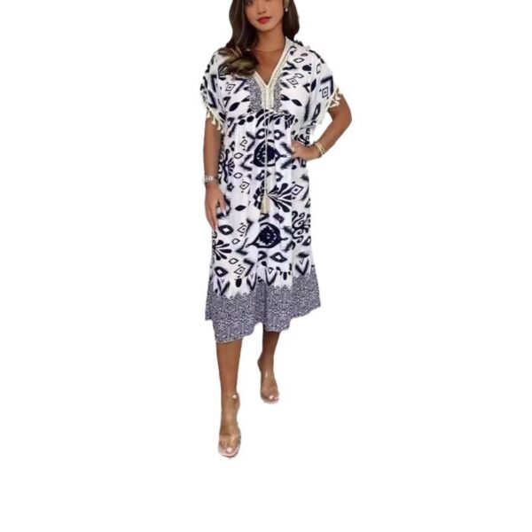 Fashion Printed V-neck Tassel Stitching Casual Dress - Image 9
