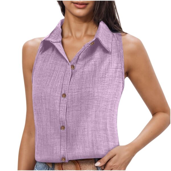 Lapel Cotton Linen Button Sleeveless Shirt Women's Clothing - Image 8