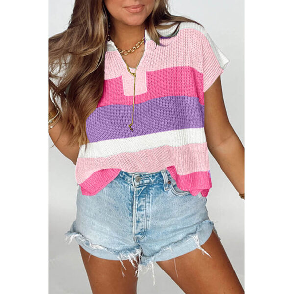 Women's U-collar Dopamine Contrast Color Casual Sweater With Short Sleeves - Image 6