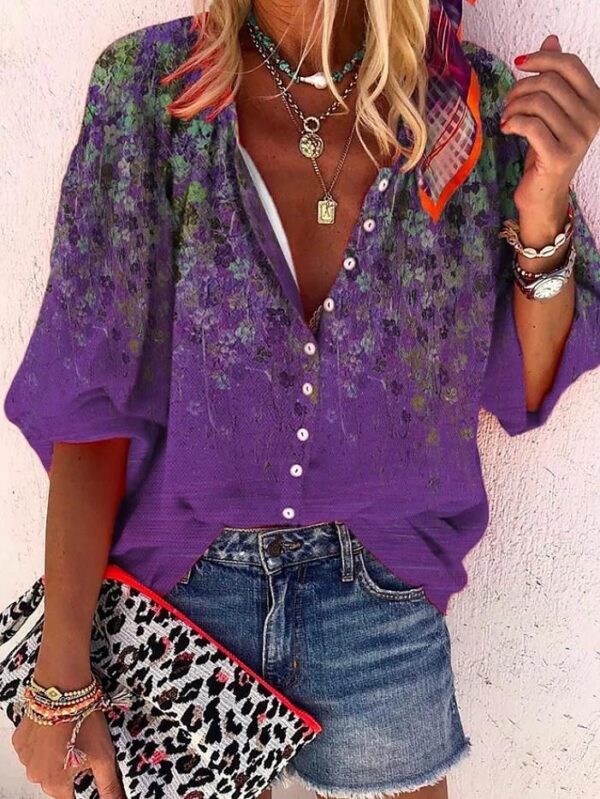 Popular Fashion Summer Women's Stand Up Collar Loose Button Retro Printed Casual Shirt - Image 7