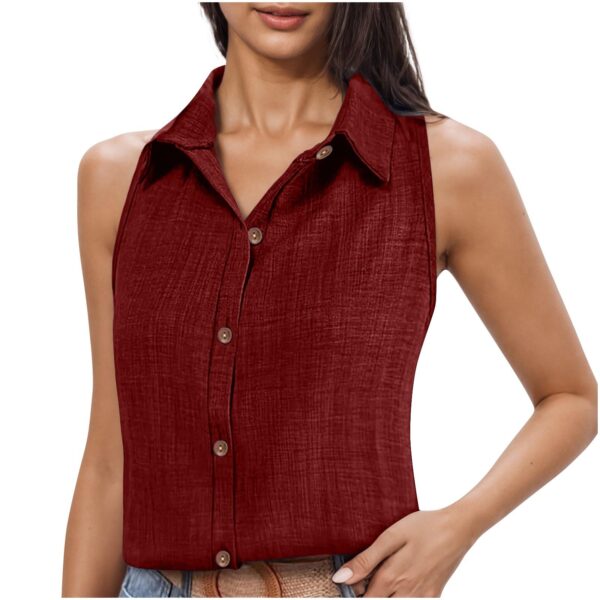 Lapel Cotton Linen Button Sleeveless Shirt Women's Clothing - Image 4