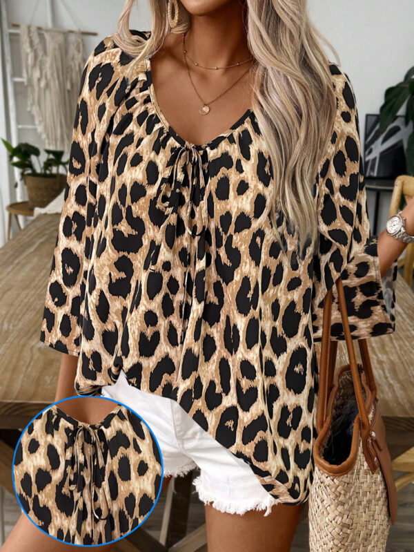 Spring And Summer Women's Top Leopard Print V-neck Pleated Seven Quarter Sleeve Shirt Temperament Commuting - Image 7