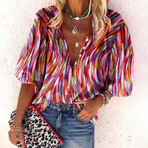 Popular Fashion Summer Women's Stand Up Collar Loose Button Retro Printed Casual Shirt - Image 8