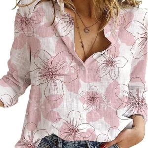 Spring And Autumn Print Casual Loose Long Sleeve Linen Shirt For Women