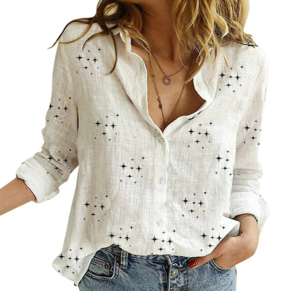 Spring And Autumn Print Casual Loose Long Sleeve Linen Shirt For Women - Image 3