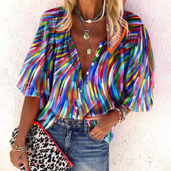 Popular Fashion Summer Women's Stand Up Collar Loose Button Retro Printed Casual Shirt - Image 4