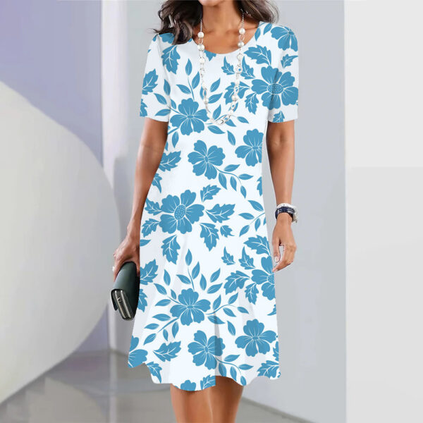 3d Floral Blue Printed Round Neck Fashion Party Dress - Image 9
