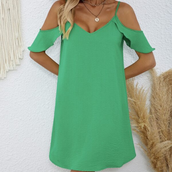 Ladies' Summer New Solid Color Mushroom Edge Folded Sleeves Off Shoulder Thin Strap V-neck Detail Design Resort Beach Dress - Image 2