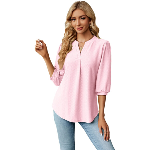 New Solid Color V-neck Jacquard Seven Quarter Sleeve Loose Pleated T-shirt Top For Women - Image 6