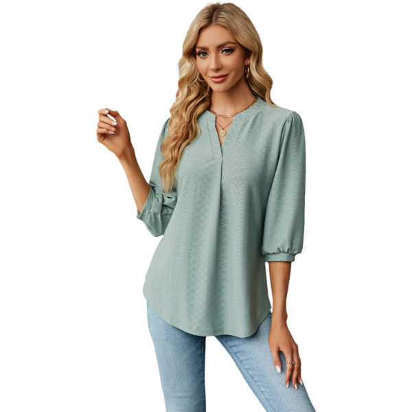 New Solid Color V-neck Jacquard Seven Quarter Sleeve Loose Pleated T-shirt Top For Women - Image 9