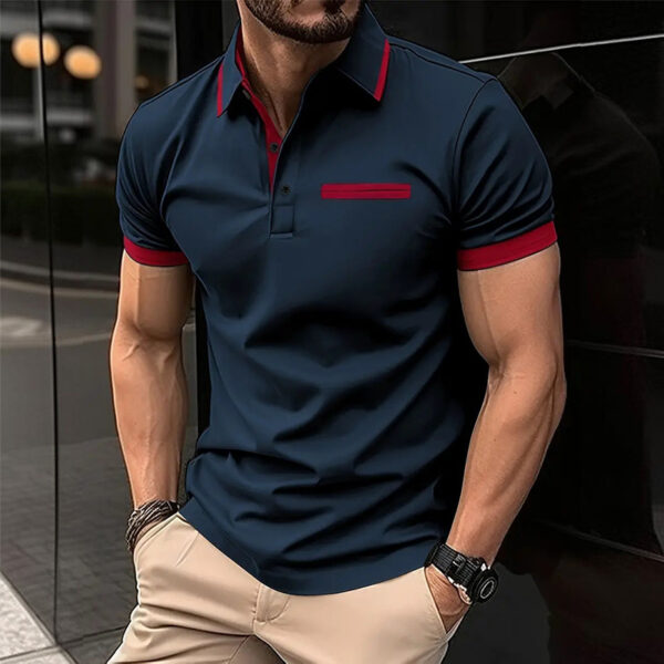 European And American Leisure Polo Shirt Chest Faux Pocket Lapel Button Business T-shirt Color Matching - Image 3