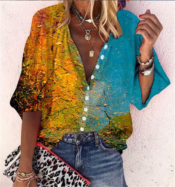 Popular Fashion Summer Women's Stand Up Collar Loose Button Retro Printed Casual Shirt - Image 3