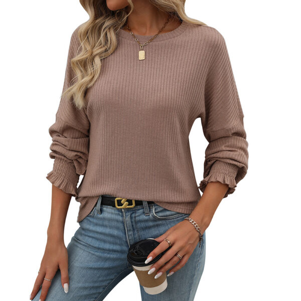 Loose Casual Sunken Stripe Long-sleeved T-shirt For Women - Image 5