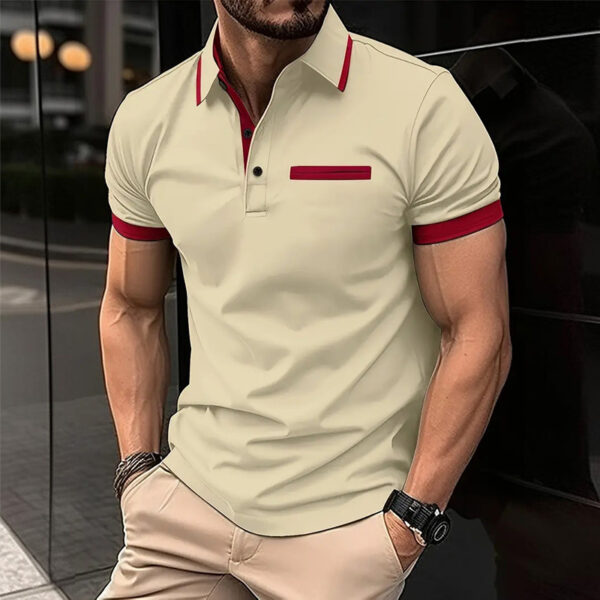 European And American Leisure Polo Shirt Chest Faux Pocket Lapel Button Business T-shirt Color Matching - Image 9