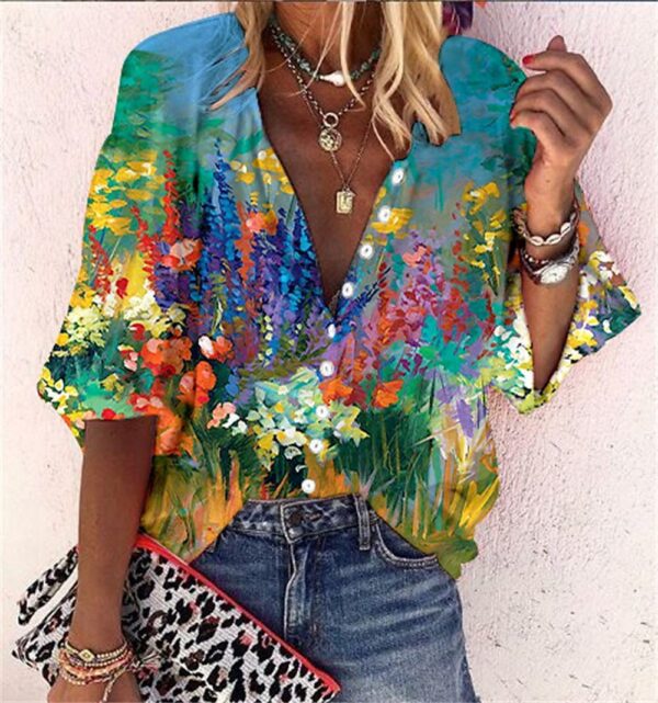 Popular Fashion Summer Women's Stand Up Collar Loose Button Retro Printed Casual Shirt - Image 9