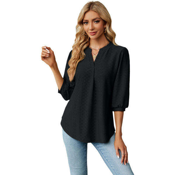 New Solid Color V-neck Jacquard Seven Quarter Sleeve Loose Pleated T-shirt Top For Women - Image 8