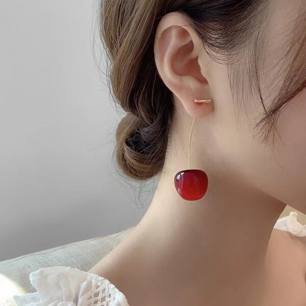 Red Cherry Fruit Acrylic Design Earrings - Image 2