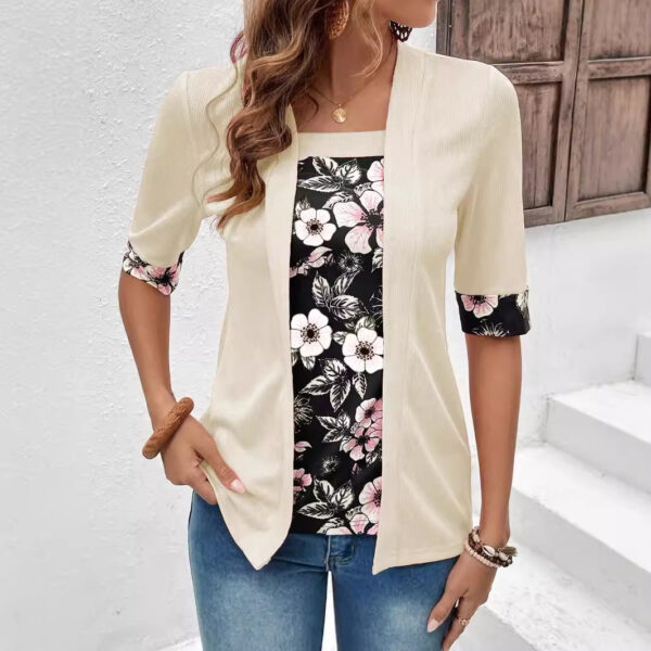 Women's Fake Two-piece Five-quarter Sleeve Printed Top T-shirt - Image 4
