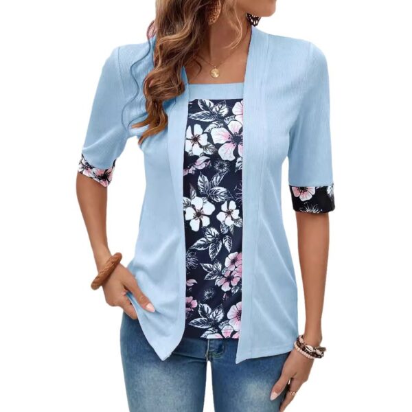Women's Fake Two-piece Five-quarter Sleeve Printed Top T-shirt - Image 8
