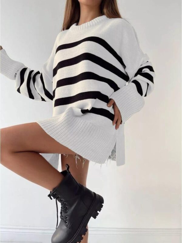 Women's Pullover Loose Round Neck Contrast Color Knitted Striped Sweater - Image 4