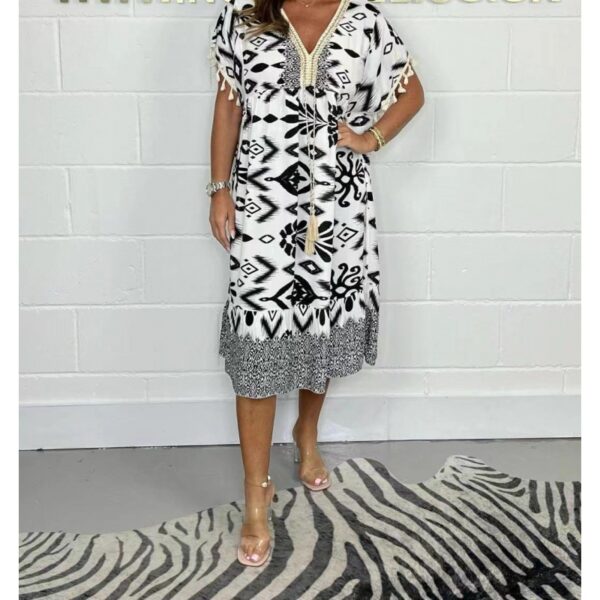 Fashion Printed V-neck Tassel Stitching Casual Dress - Image 6