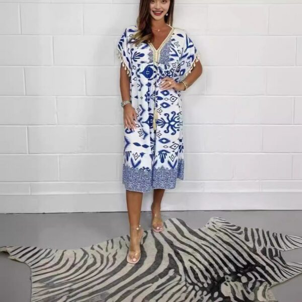 Fashion Printed V-neck Tassel Stitching Casual Dress - Image 3