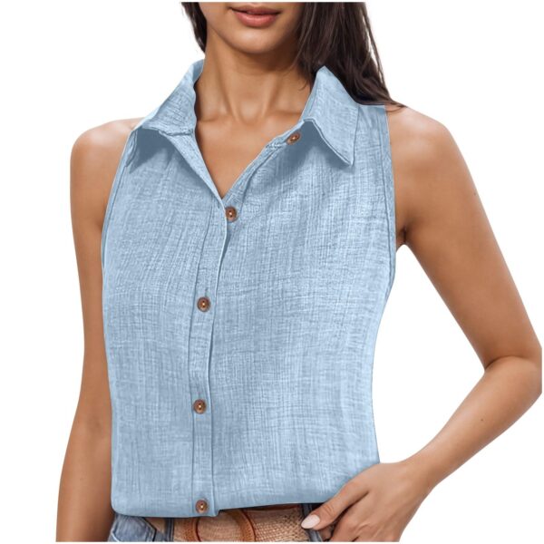 Lapel Cotton Linen Button Sleeveless Shirt Women's Clothing - Image 9