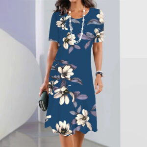 3d Floral Blue Printed Round Neck Fashion Party Dress