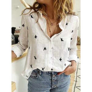 Spring And Autumn Print Casual Loose Long Sleeve Linen Shirt For Women