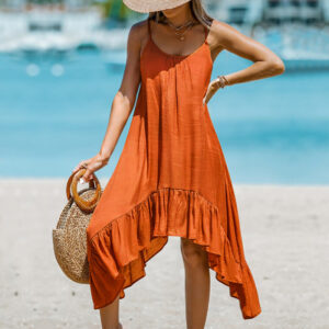 European And American Women's Fashion Solid Color Sling Casual Irregular Dress