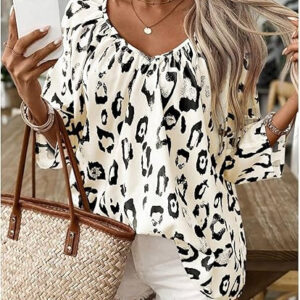 Spring And Summer Women's Top Leopard Print V-neck Pleated Seven Quarter Sleeve Shirt Temperament Commuting
